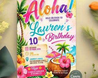Hawaiian Birthday Invitation, Tropical Luau Party Invite, Summer Birthday Party Invites, Editable Caanva Template