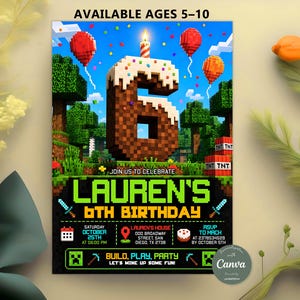 6th Pixel Block Birthday Invitation, Video Game Party Invite, Gamer Birthday Party, Gaming Theme, Editable Canva Template