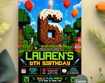 Invitation d'anniversaire 6 ans Pixel Block, Invitation pour une fête sur le thème des jeux vidéo, Fête d'anniversaire de gamer, Thème gaming, Modèle Canva modifiable