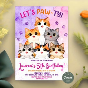 Cat Birthday Invitation, Let's Pawty Party Invite, Watercolor Kitten Theme, Girl Birthday Invitation, Editable Canva Template