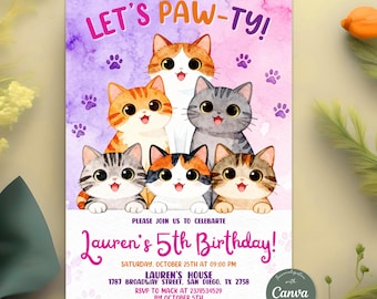 Cat Birthday Invitation, Let's Pawty Party Invite, Watercolor Kitten Theme, Girl Birthday Invitation, Editable Canva Template