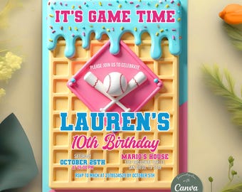 Baseball Drip Invitation, Baseball Drip Birthday Party Invitation, Baseball Drip Ice Cream, Sports Party Any Age, Canva Invitation Template