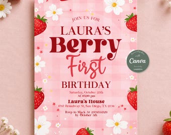 Berry First Birthday Invitation, Editable 1st Birthday Girl Invite, Strawberry First Birthday Girl Invitation, Editable Canva Template