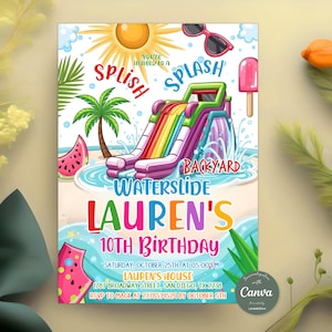 Waterslide Birthday Invitation, Summer Pool Party Invite, Water Slide Party Invite, Pool Party Invitation, Editable Canva Template