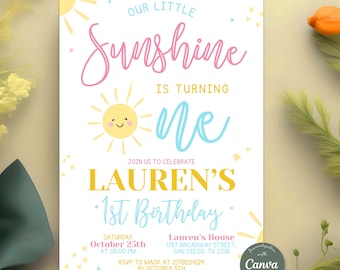 Editable Sunshine Birthday Invitation, Little Baby Girl First Birthday Party, Sunshine 1st Birthday Invitation, Instant Download