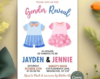 Boho Gender Reveal Invitation, Gender Reveal Invite Template, Vintage Baby Clothes Gender Reveal Invitation, Neutral Baby, Editable Canva