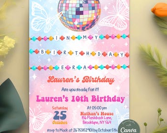 Invitación "En mi época de cumpleaños", invitación a fiesta musical de cumpleaños para adolescente, invitación con pulsera de la amistad, morado y azul, plantilla editable de Canva