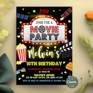 Movie Birthday Invitation, Boy or Girl Movie Theater Birthday Party Invite, Backyard Movie Night Invite, Cinema Birthday Invitation, Popcorn