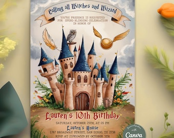 Bewerkbare magische verjaardagsuitnodiging, Wizards Witches verjaardagsuitnodiging sjabloon, afdrukbare Magic Wizardry Castle verjaardagsfeestje uitnodiging