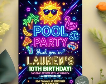 Neon Pool Birthday Invitation, Summer Beach Party Invite, Glow in the Dark Pool, Swimming Invitation, Editable Canva Template