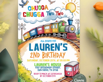 Chugga Chugga Two Two Train 2歳の誕生日招待状、カラフルな機関車パーティー、男の子向けデジタルダウンロード招待状、編集可能なCanvaテンプレート