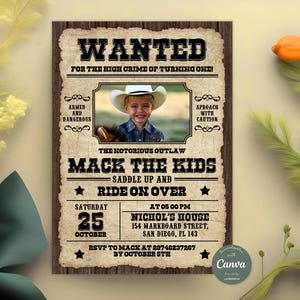Invito a manifesto ricercato, invito alla festa di compleanno del cowboy, invito alla festa di compleanno del western, festa del selvaggio western, modificabile Canva