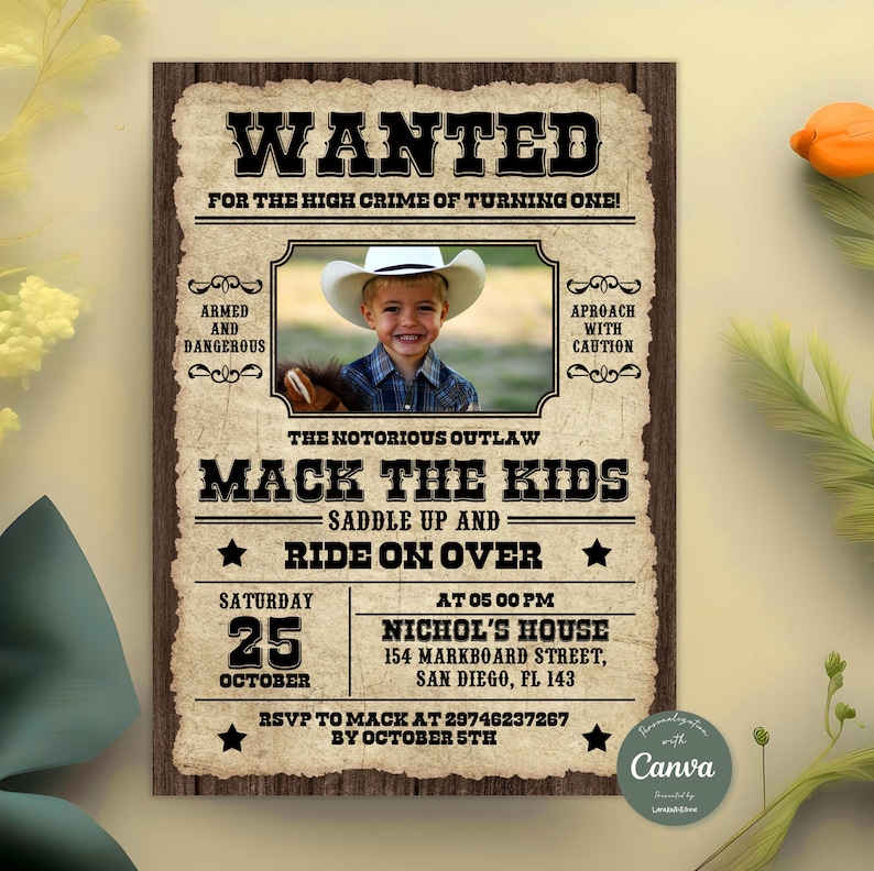 Wanted Poster Invitation, Cowboy Birthday Party Invitation, Western ...