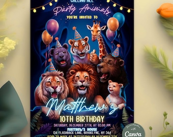 Calling All Party Animals Birthday Invitation, Safari Party Invitation, fun Animal Themed Party, Neon Birthday Invite, Canva Template