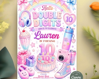 Double Digits Birthday Invitation, Girls 10th Birthday Party Invite, Preppy Pink & Blue Bow for Tween, Editable Canva Template