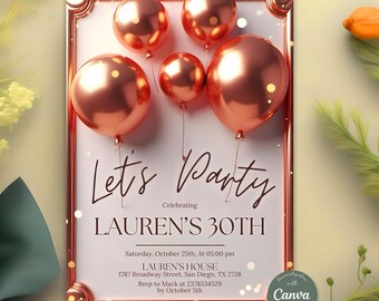 Editable Rose Gold Birthday Invitation Template,Let’s Party Rose Gold Birthday Invite, Printable Invite,Birthday Party Invite,Canva Template