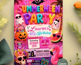 Summerween Birthday Invitation, Halloween Summer Pool Party Invite, Tropical Spooky Beach Birthday, Editable Canva Template