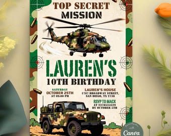 Military Birthday Invitation, Army Top Secret Mission Invite, Camo Soldier Party, Helicopter Jeep Birthday, Editable Canva Template