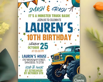 Monster Truck Birthday Invitation, Monster Truck Bash, Boy Birthday Invitation, Monster Truck Party Invite, Printable, Instant Download