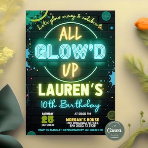 Editable Glow Party Birthday Invitation, Glow in the Dark, Glow Gender Neutral Invites, Teen Party, Neon Birthday Invite, Instant Download