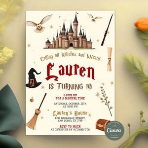 Invitation d&#39;anniversaire de sorcières modifiables, invitation d&#39;anniversaire magique, invitation de fête de sorcière, sorcellerie du château, tout âge, téléchargement immédiat