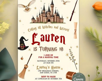 Bewerkbare Wizards heksen verjaardagsuitnodiging, magische verjaardagsuitnodiging, uitnodiging heks feest, kasteel tovenarij, elke leeftijd, Instant Download