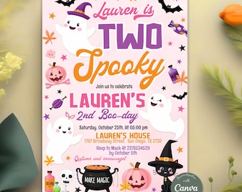 May include: A pink Halloween-themed invitation with the text "Lauren is TWO Spooky." The invitation features cartoon ghosts, pumpkins, bats, and a black cat wearing a witch hat. The invitation includes event details.