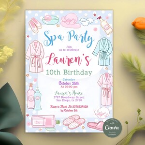 Spa Birthday Invitation, Pamper Party Birthday Invite, Girls Birthday Invitation, Glam Party Birthday, Any Age, Editable Canva Template