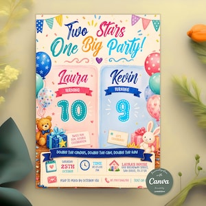 Puede incluir: Una tarjeta de invitación de cumpleaños con el texto Two Stars One Big Party, Laura cumpliendo 10 y Kevin cumpliendo 9. El diseño incluye globos coloridos, un oso de peluche, un conejo, cajas de regalo y detalles del evento para el 25 de octubre.