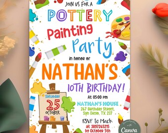Könnte beinhalten: Eine farbenfrohe Einladung zu einer Töpfermalerei-Party zum 10. Geburtstag. Die Einladung zeigt eine Farbpalette, Pinsel, Farbtuben und eine Geburtstagstorte. Der Text auf der Einladung lautet "Schließen Sie sich uns zu einer Töpfermalerei-Party zu Ehren von Nathans 10. Geburtstag an!" Samstag, 25. Oktober um 17:00 Uhr bei Nathan, 267 Birthday Street, San Diego, TX 237. RSVP an Mack unter 3897265215 bis zum 5. Oktober.