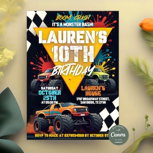 Monster Truck birthday invitation for Boys, Monster Truck Theme Party Invite, Phone Invitation, Editable Canva Template