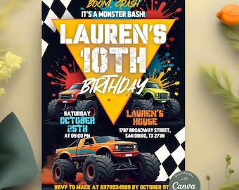 Monster Truck birthday invitation for Boys, Monster Truck Theme Party Invite, Phone Invitation, Editable Canva Template