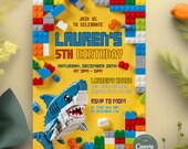 Shark Building Blocks Birthday Invitation, Colorful Bricks Party Invite, Creative Toy Celebration, Shark Invitation, Editable Canva Template
