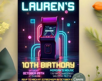 Invitación de cumpleaños de arcade editable en Canva, invitación a una fiesta de juegos retro, plantilla de cumpleaños de videojuego digital para niños, Canva editable