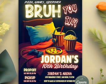 Bruh Sleepover Invitation, Boys Gaming Birthday Party Invite, Pizza Popcorn Video Game Night, Editable Canva Template