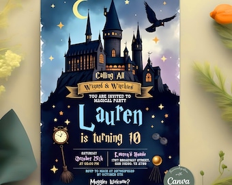 Wizards Witches Birthday Invitation, Magical Party Invite, Wizardry Castle Birthday Party, Editable Canva Template