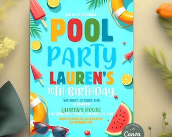 Pool Party Invitation, Summer Birthday Party Invite, Swimming Pool Party Invitations, Digital Download, Printable, Editable Canva Template