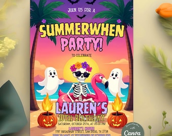 Plantilla de invitación para fiesta de verano, fiesta de Halloween en la piscina y cumpleaños, fiesta de verano en la piscina, fiesta de Halloween en la piscina, plantilla de Canva