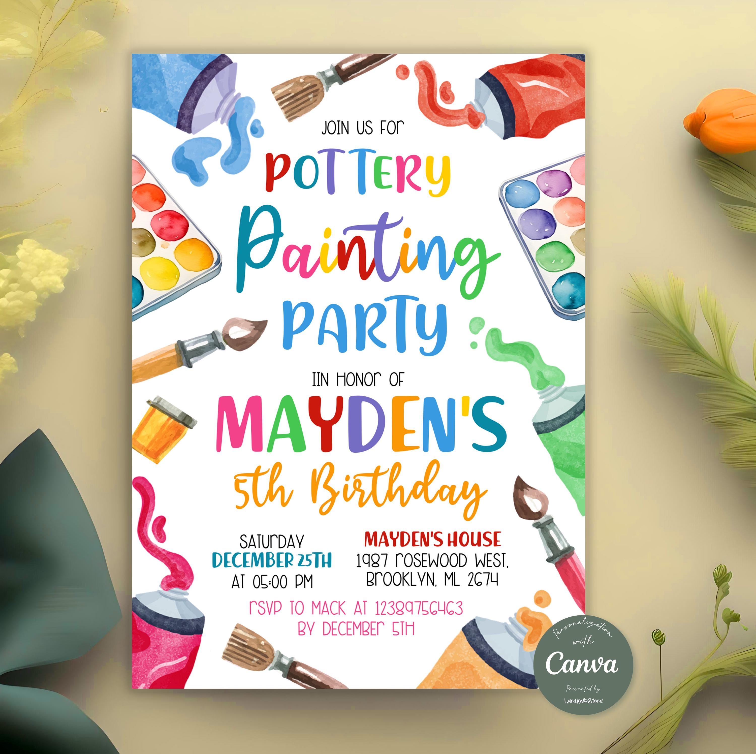 Editable Pottery Painting Birthday Invitation, Painting Party