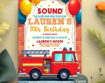 Editable Fire Truck Birthday Invitation, Firefighter Party Invite, Fire Engine Invitation, Instant Download, Canva Template