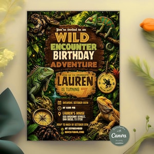 Puede incluir: Una invitación de cumpleaños con temática de selva que muestra una serpiente, un camaleón, una iguana y un dragón barbudo. El texto dice: You're invited to an WILD ENCOUNTER BIRTHDAY ADVENTURE, JOIN US TO CELEBRATE LAUREN IS TURNING 7, OCTOBER 25TH.