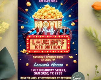 Movie Night Birthday Invitation, Movie Party Invitation, Cinema Invitation, Backyard Movie Night Birthday Birthday Invite, Editable Canva