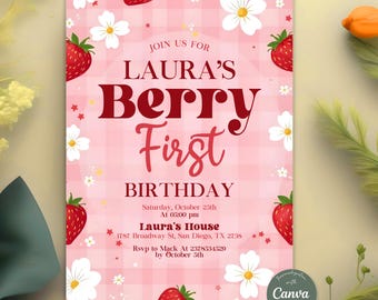 Berry First Birthday Invitation, Editable 1st Birthday Girl Invite, Strawberry First Birthday Girl Invitation, Instant Download
