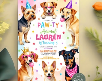 Invito di compleanno per cani, invito per cuccioli, invito di compleanno a tema cani, invito di compleanno "Facciamo festa", modello Canva modificabile