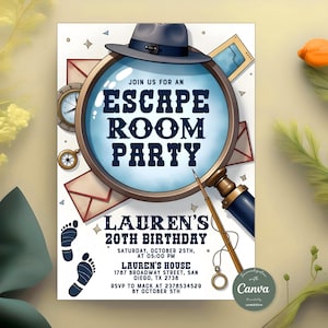 以下が含まれることがあります： 脱出ゲームパーティーの招待状。拡大鏡に「ESCAPE ROOM PARTY」の文字。ローレンの20歳の誕生日パーティーの詳細が記載されており、探偵をテーマに、帽子と足跡が描かれています。