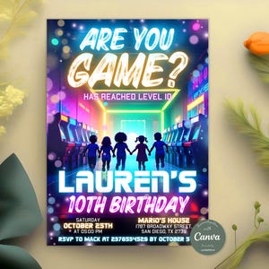 Editable Arcade Birthday Invitation, Neon Arcade Birthday Party Invite, Retro Gaming Party Invite, Video Game Birthday Invitation, Canva