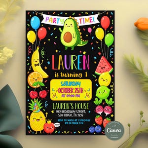 May include: A colorful birthday party invitation with a black background. The invitation features cartoon fruits, balloons, and confetti. Text includes "LAUREN is turning 1" and party details. The invitation is personalized with Canva.