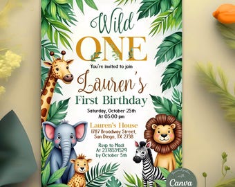 Safari Erster Geburtstag Evite, Wild One Geburtstag, 1. Geburtstag Digitale Einladung, Dschungel Erster Geburtstag Evite, Dschungeltier-Party