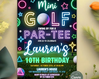 Mini Golf Birthday Invitation, Sports Party Invite, Neon Glow Boy Girl Evite, Any Age, Editable Canva Template
