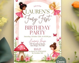 Fairy First Birthday Invitation Girl, Boho Arch Fairy 1st Birthday Invite, Garden, Enchanted Garden Fairy Invitation, Birthday Girl, Canva